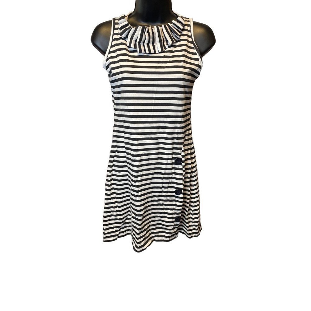 Never Mind Black White Striped Ruffle Collar Sleeveless Dress Sz S